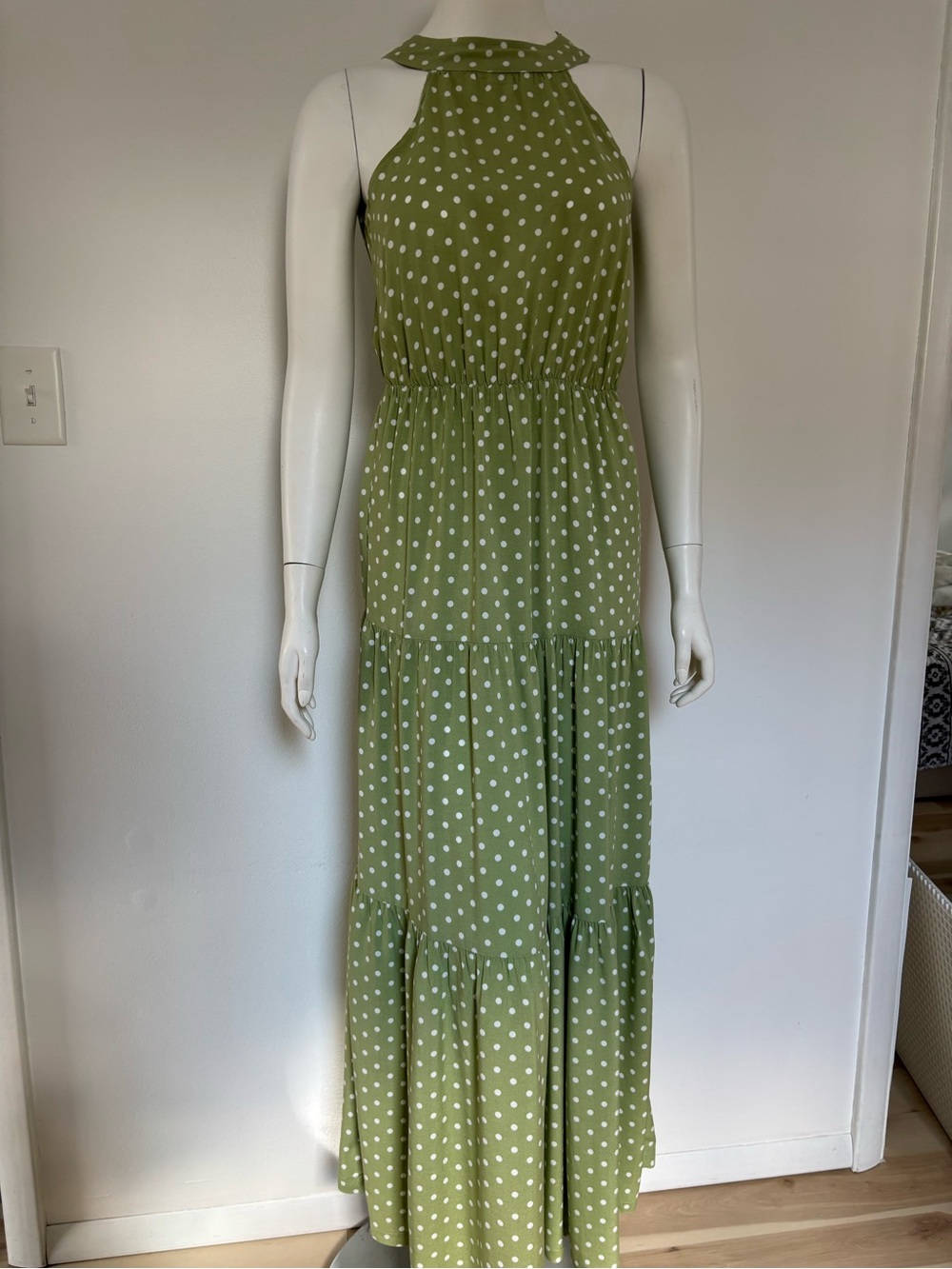 SHEIN Olive Green Polka Dot Halter Maxi Dress